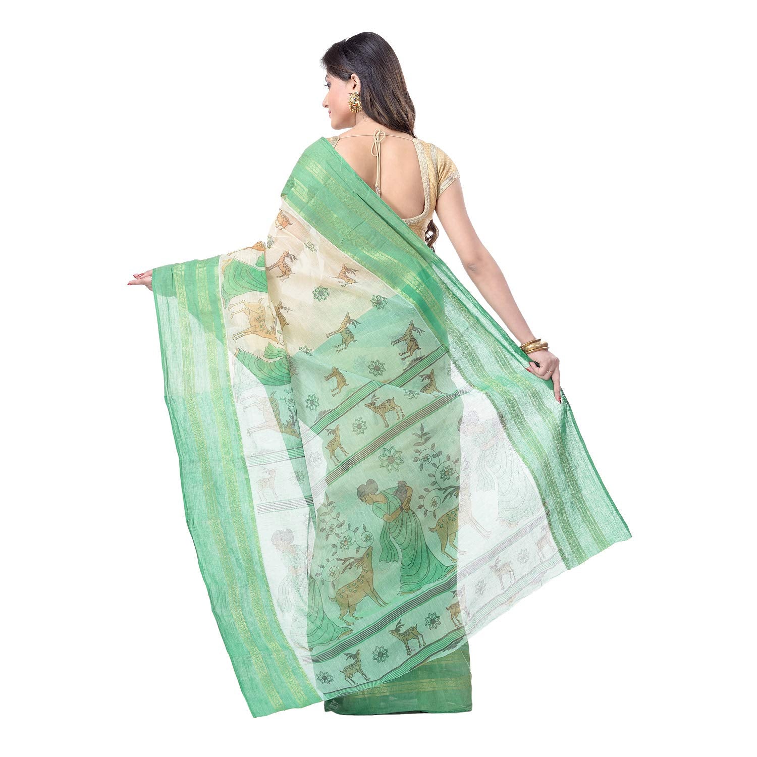 Desh Bidesh Women's Pure Cotton Handloom Bengal Tant Saree With Sakuntala Printed Zori Design Without Blouse Pcs - Distacart