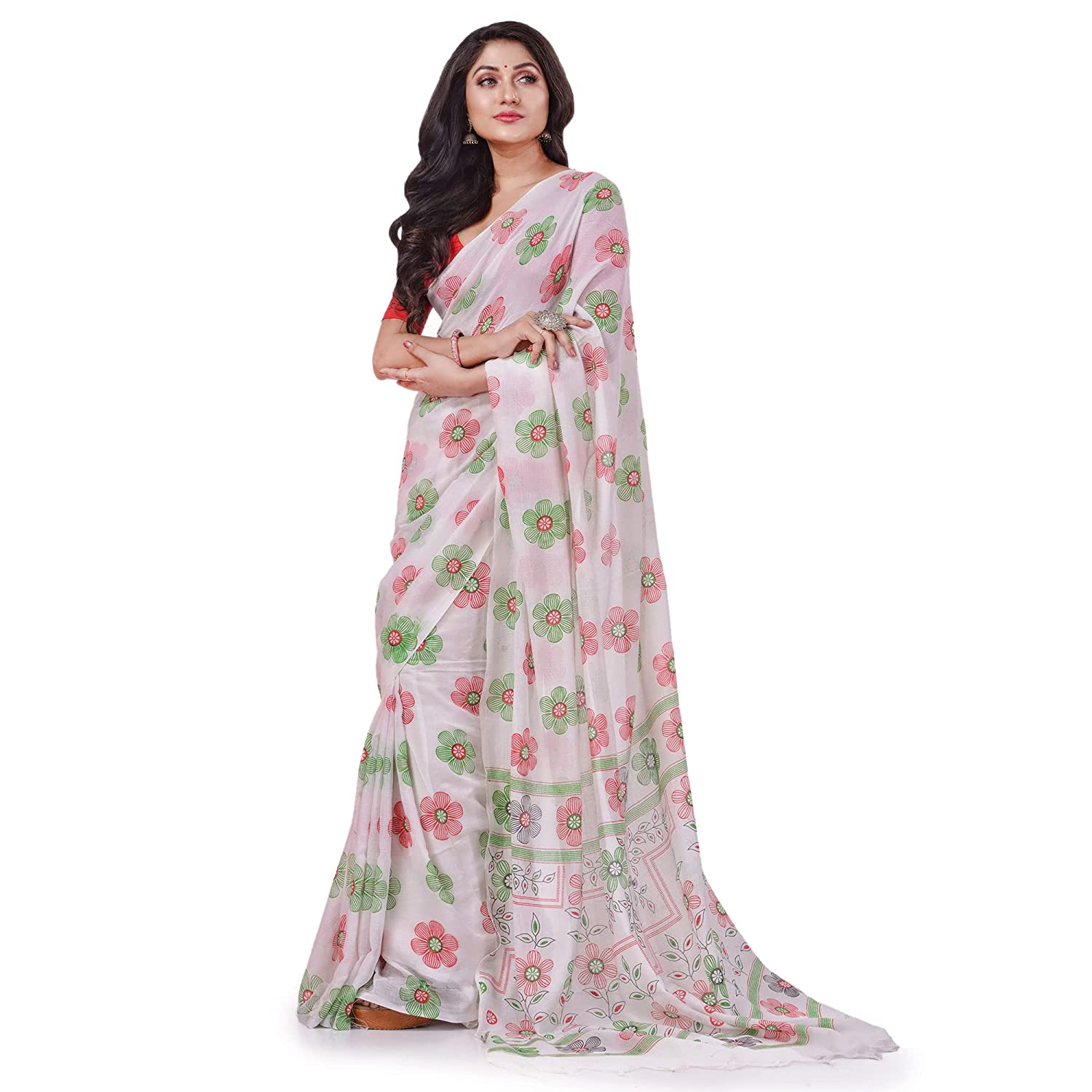 Desh Bidesh Women's Pure Cotton Flower Printed Designer Handloom Saree With Blouse Piece - Distacart