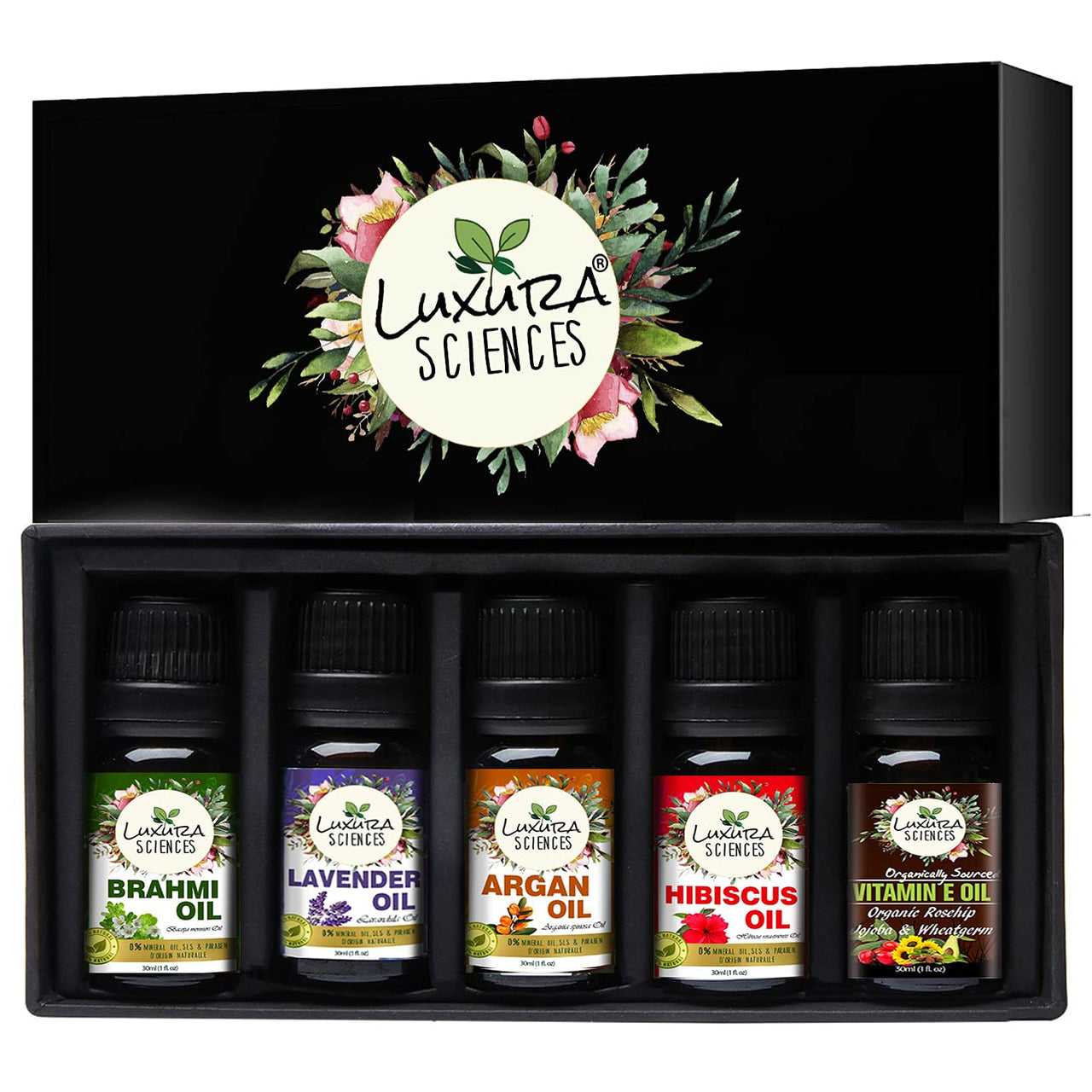 Luxura Sciences Organic Essential Oil - Hibiscus Oil, Brahmi Oil, Argan Oil, Lavender Oil, Vitamin E Oil - Distacart
