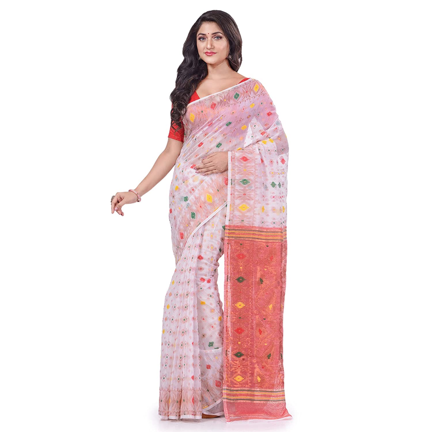 Desh Bidesh Women's Zari Karat Resham Dhakai Jamdani Bengal Pure Cotton Handloom Saree Whole Body Design Without Blouse Piece - Distacart