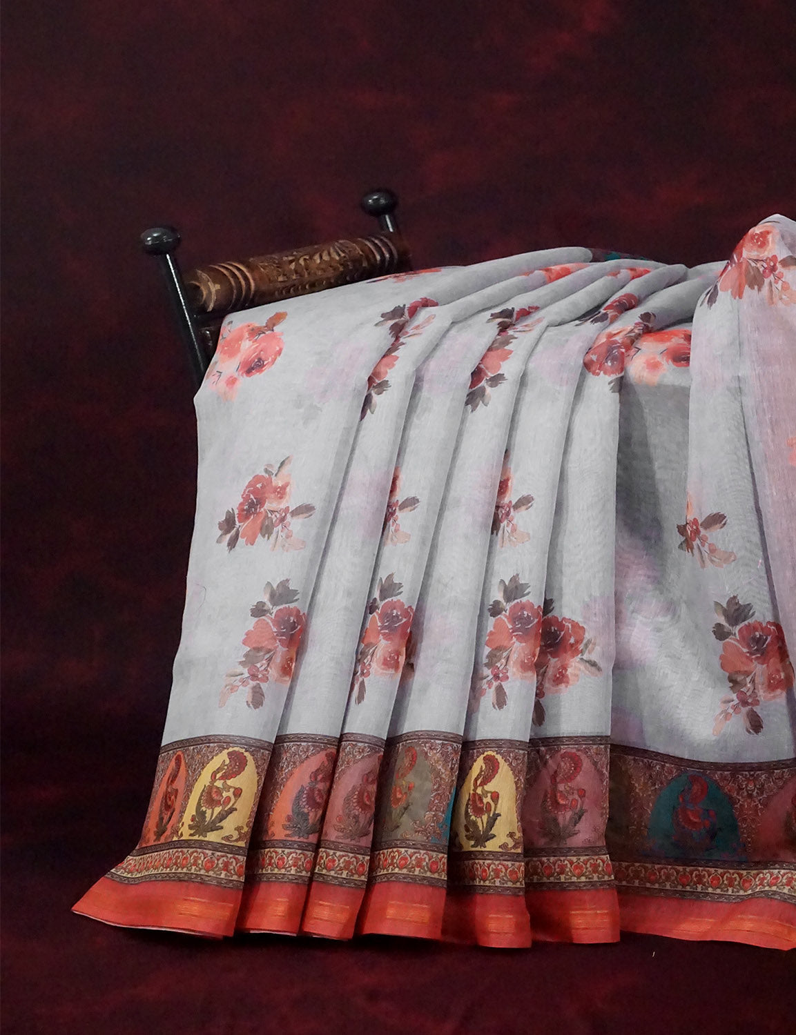 Mix of Grey and Orange Floral Print Semi Chanderi Saree By Gayathri Reddy Designer Studio - Distacart