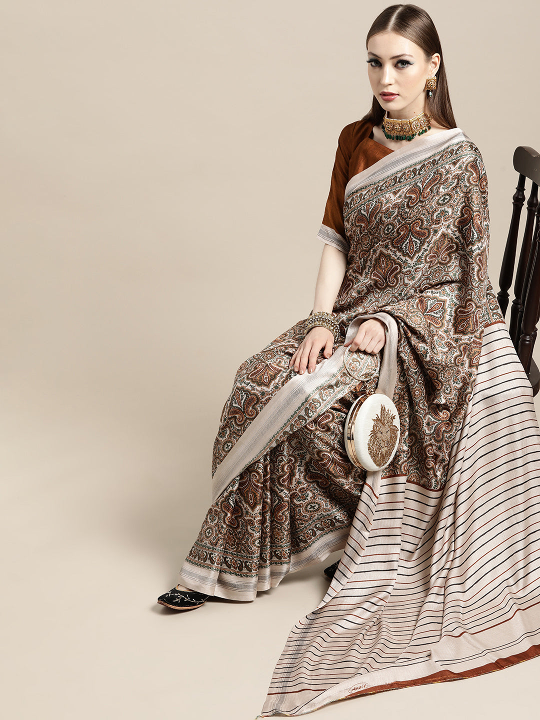 Saree Mall Cream-Coloured & Brown Paisley Printed Pashmina Silk Bagru Saree - Distacart