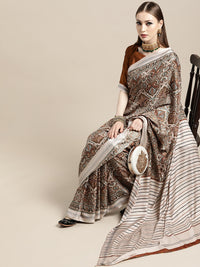 Thumbnail for Saree Mall Cream-Coloured & Brown Paisley Printed Pashmina Silk Bagru Saree - Distacart