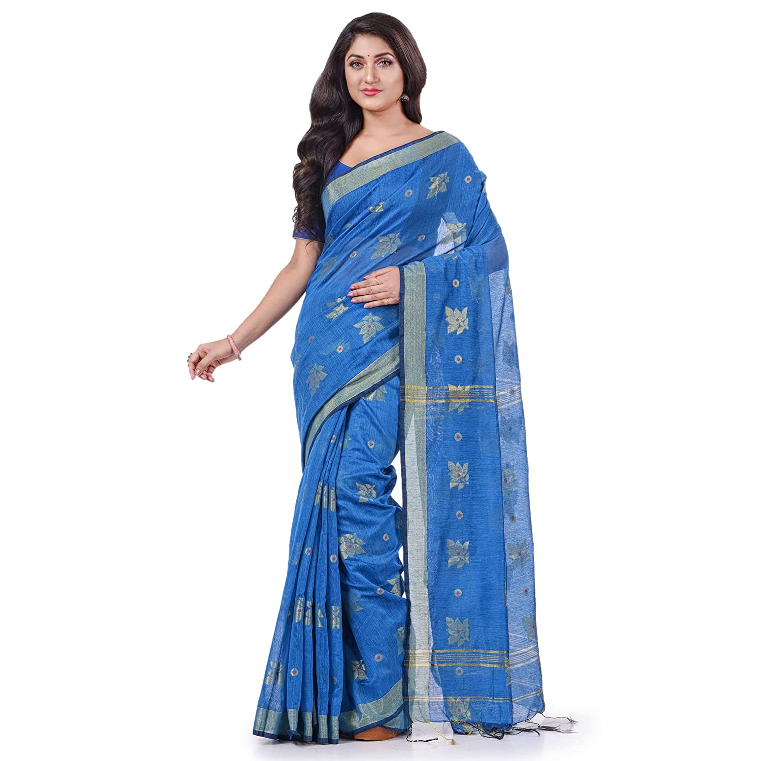 Desh Bidesh Women's Tant Silk Handloom Cotton Saree Rose Work With Blouse Piece - Distacart