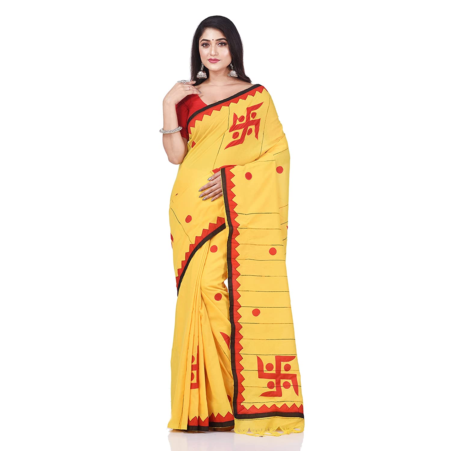 Desh Bidesh Women's Bengali Khesh Pure Cotton Handloom Saree Swastik Designed With Blouse Piece - Distacart