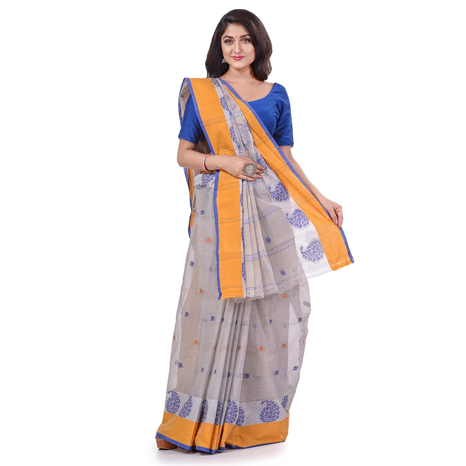 Desh Bidesh Women's Traditional Bengal Tant Patra Brikho Woven Design Pure Handloom Cotton Saree Without Blouse Piece - Distacart