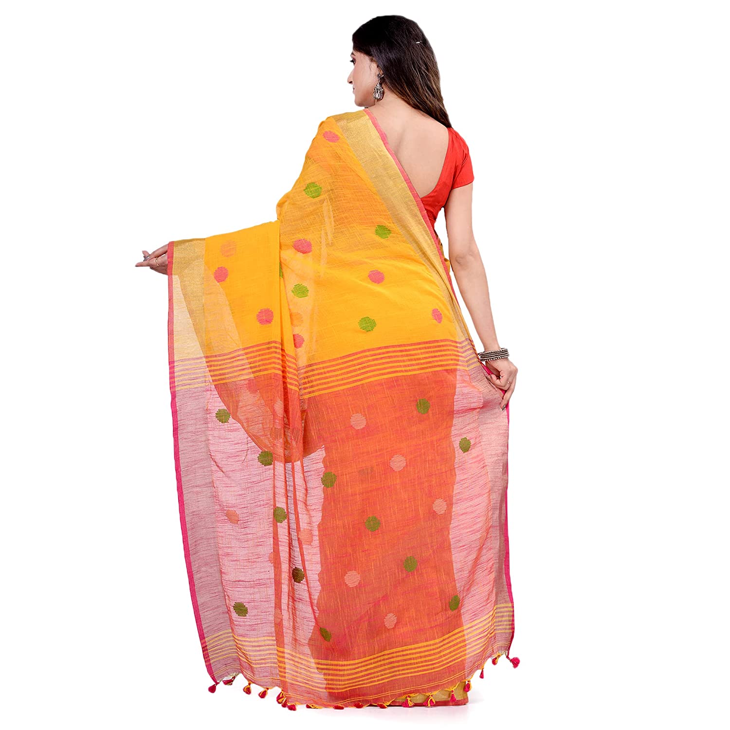 Desh Bidesh Women's Pure Cotton Traditional Bengali Tant Handloom Cotton Saree Round Designed With Blouse Piece - Distacart