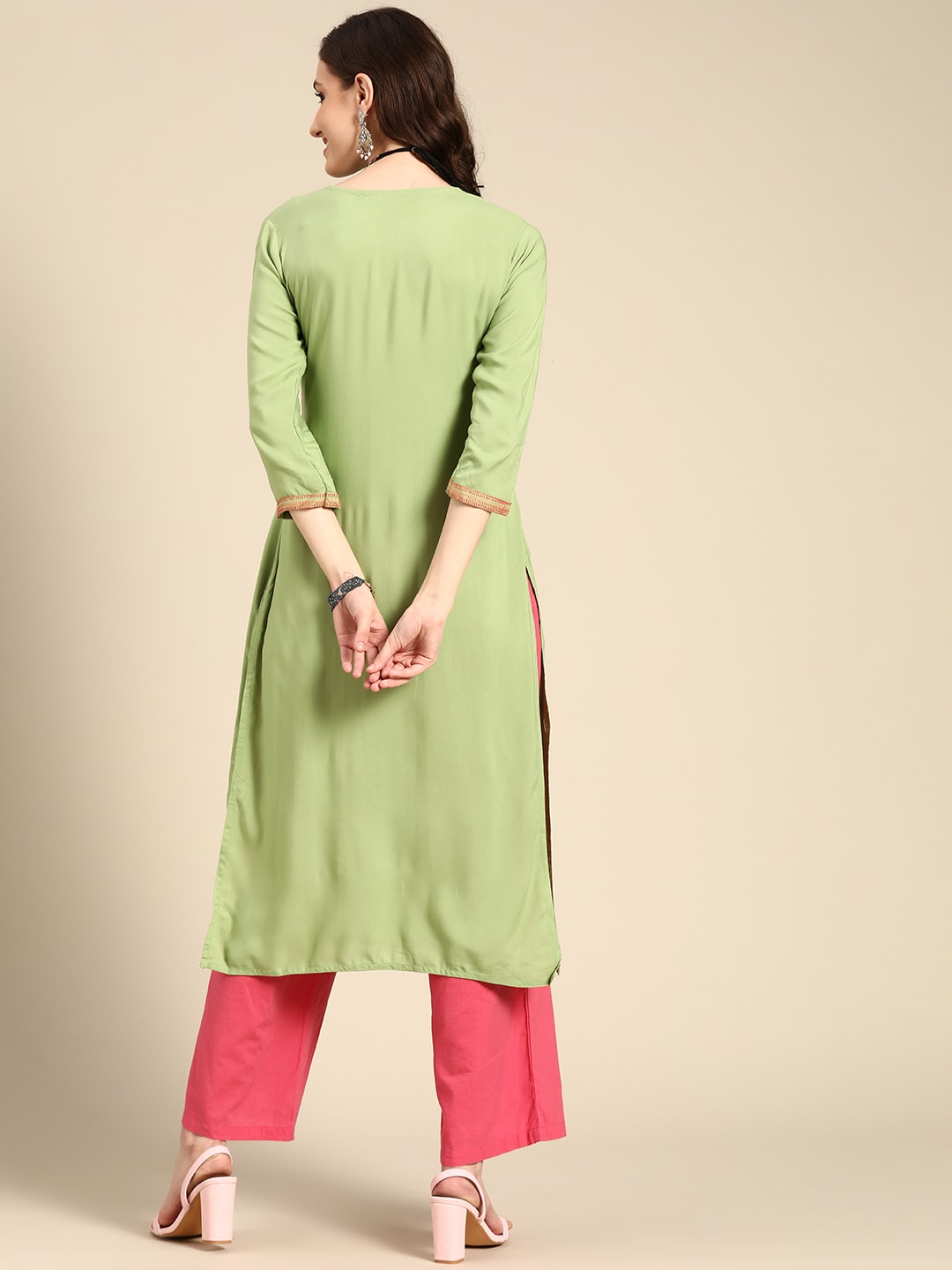 Sangria Women Green & Pink Floral Embroidered Thread Work Pastels Kurta - Distacart