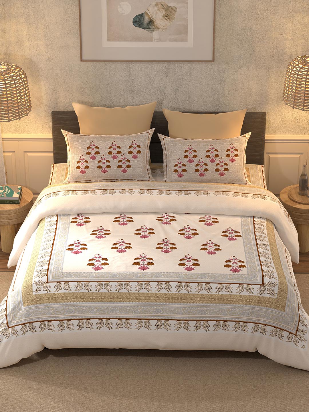 BELLA CASA Grey & Maroon Printed 350 TC Cotton King Bedsheet With 2 Pillow Covers - Distacart