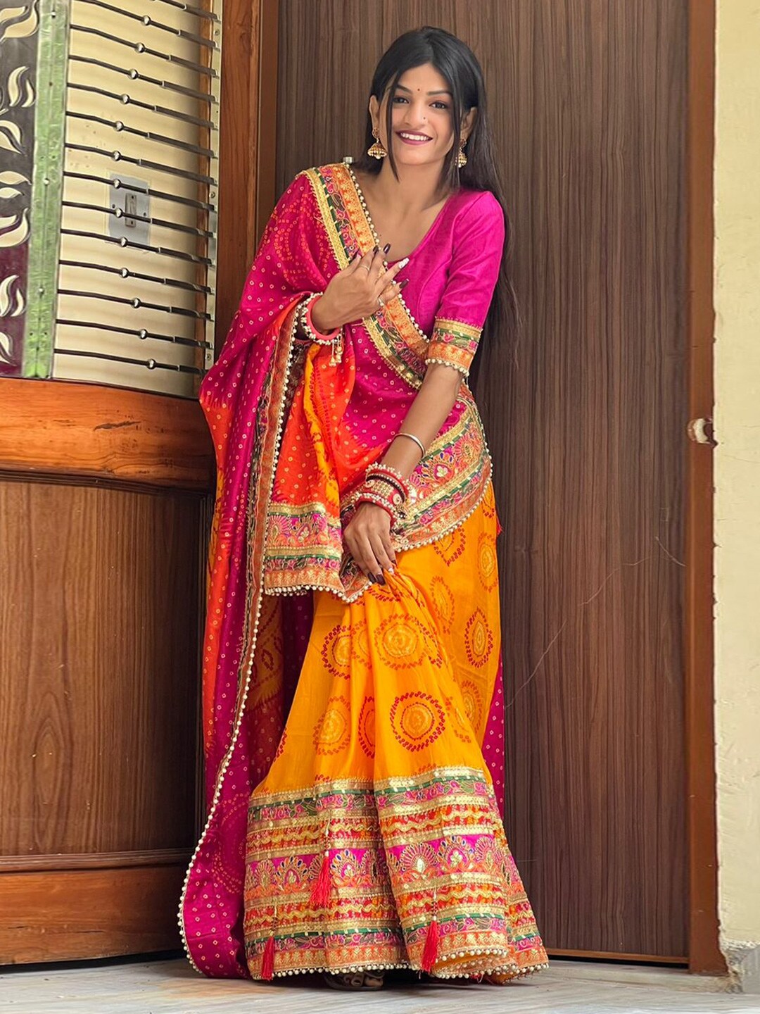 Mitera Orange & Pink Printed & Embroidered Pure Chiffon Bandhani Saree - Distacart