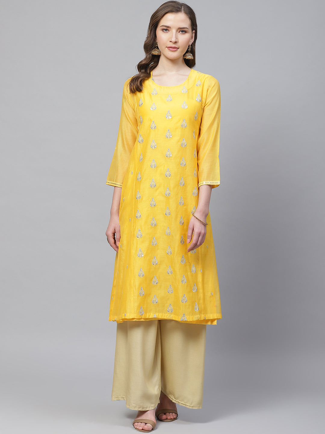 Biba Women Yellow & Silver Woven Design Layered Straight Kurta - Distacart