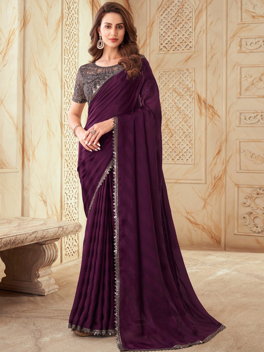 Mitera Purple & Grey Embellished Sequinned Poly Chiffon Saree - Distacart