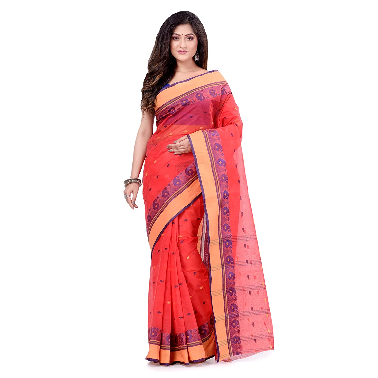 Desh Bidesh Women's Traditional Bengal Tant Woven Minakari Kolka Design Pure Handloom Cotton Saree Without Blouse Piece - Distacart