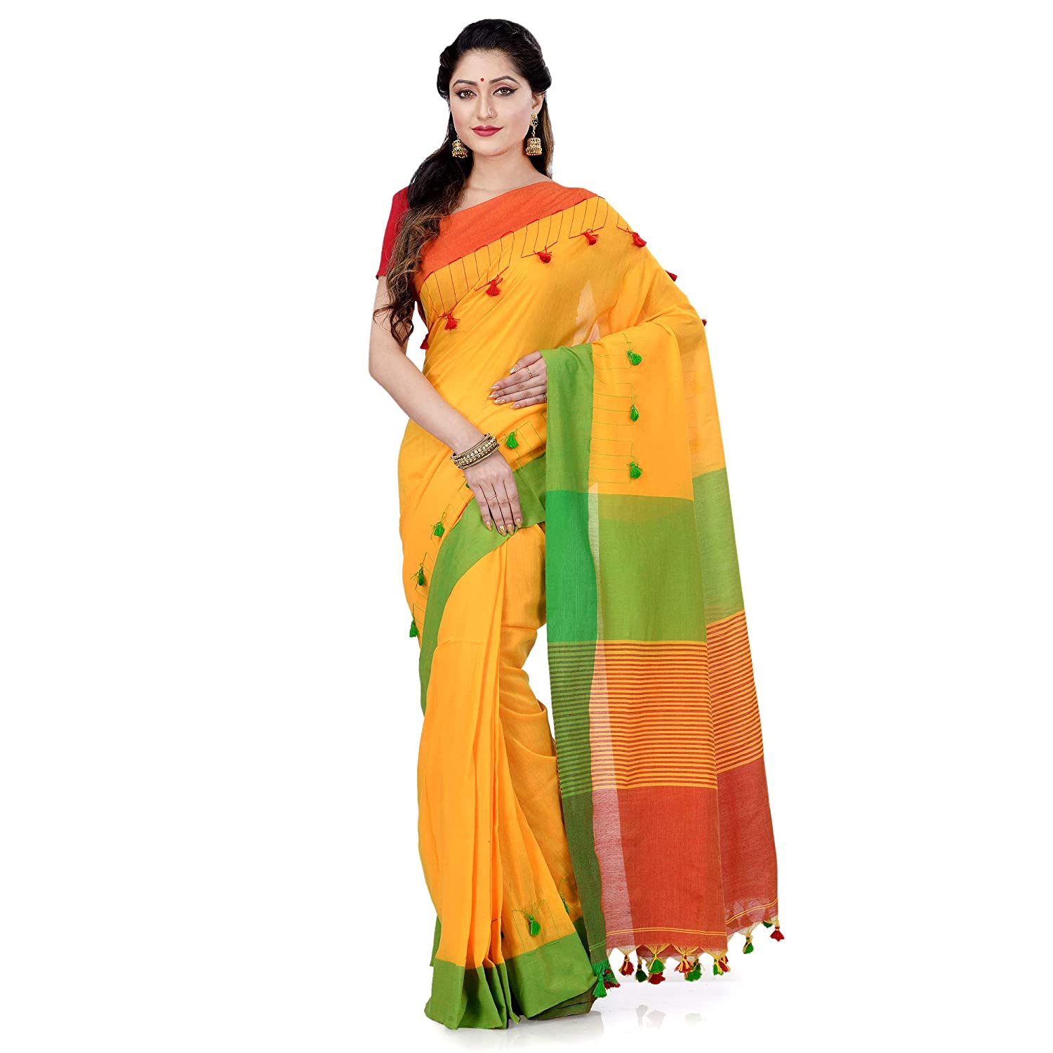 Desh Bidesh Women's Traditional Bengal Handloom Tant Pure Cotton Saree Pompom Desigined With Blouse Piece (White Pink Orange) - Distacart