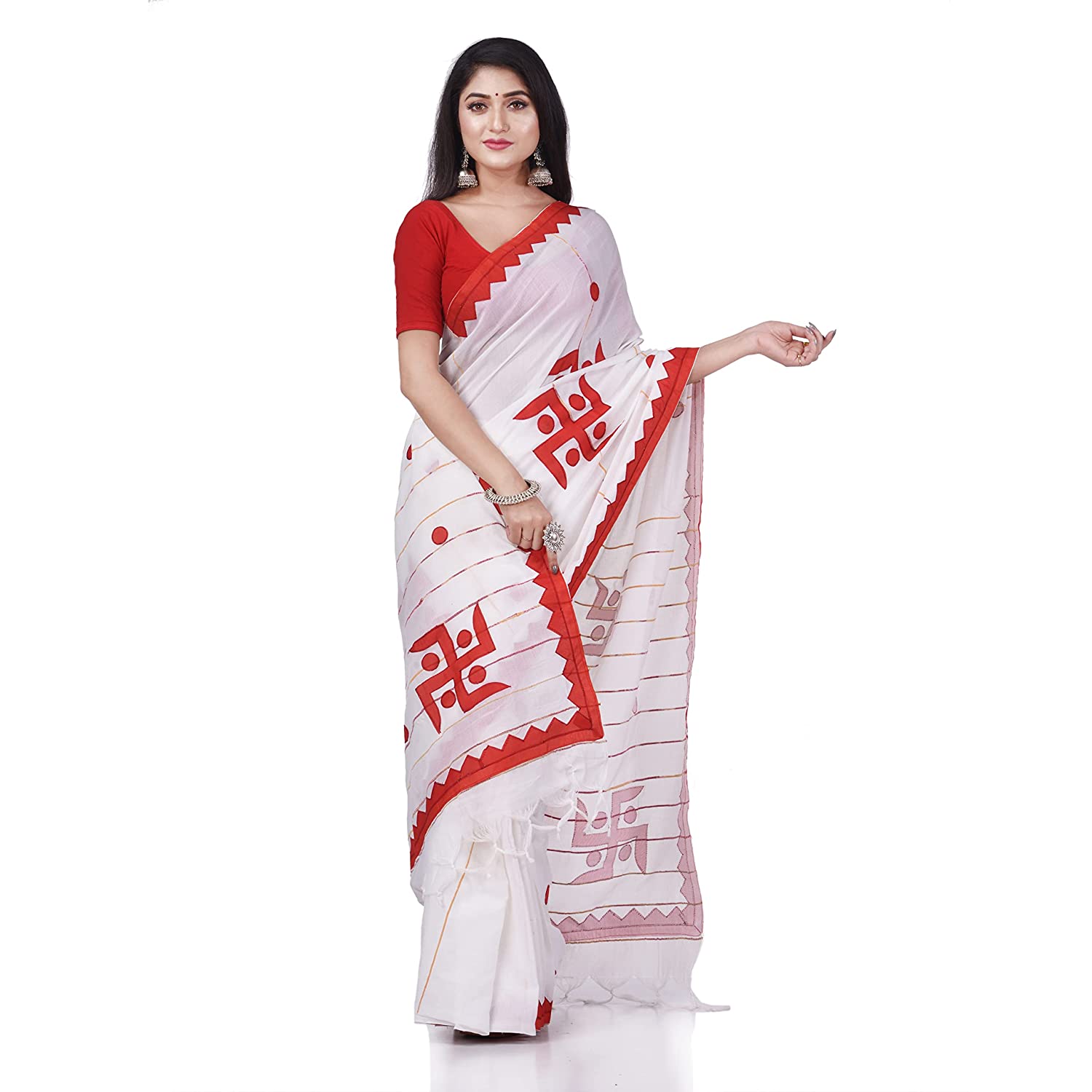 Desh Bidesh Women's Bengali Khesh Pure Cotton Handloom Saree Swastik Designed With Blouse Piece - Distacart