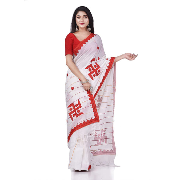 Desh Bidesh Women's Bengali Khesh Pure Cotton Handloom Saree Swastik Designed With Blouse Piece - Distacart