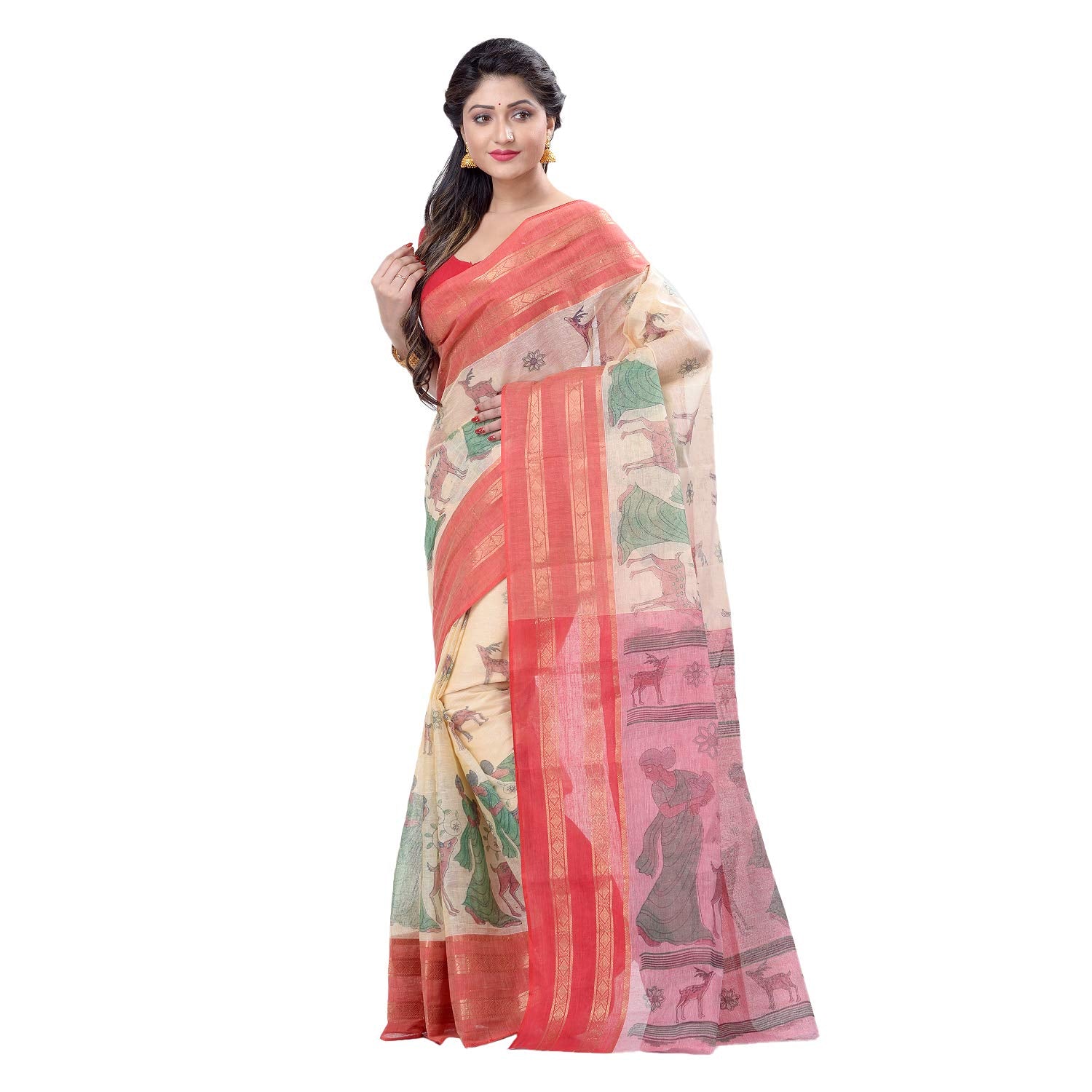 Desh Bidesh Women's Shakuntala Design Printed Tant Handloom Pure Cotton Saree Without Blouse Piece - Distacart