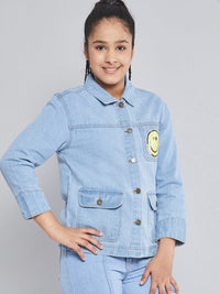 Thumbnail for Lyush Ice Blue SMILEY Patch Denim Jacket For Girls - Distacart