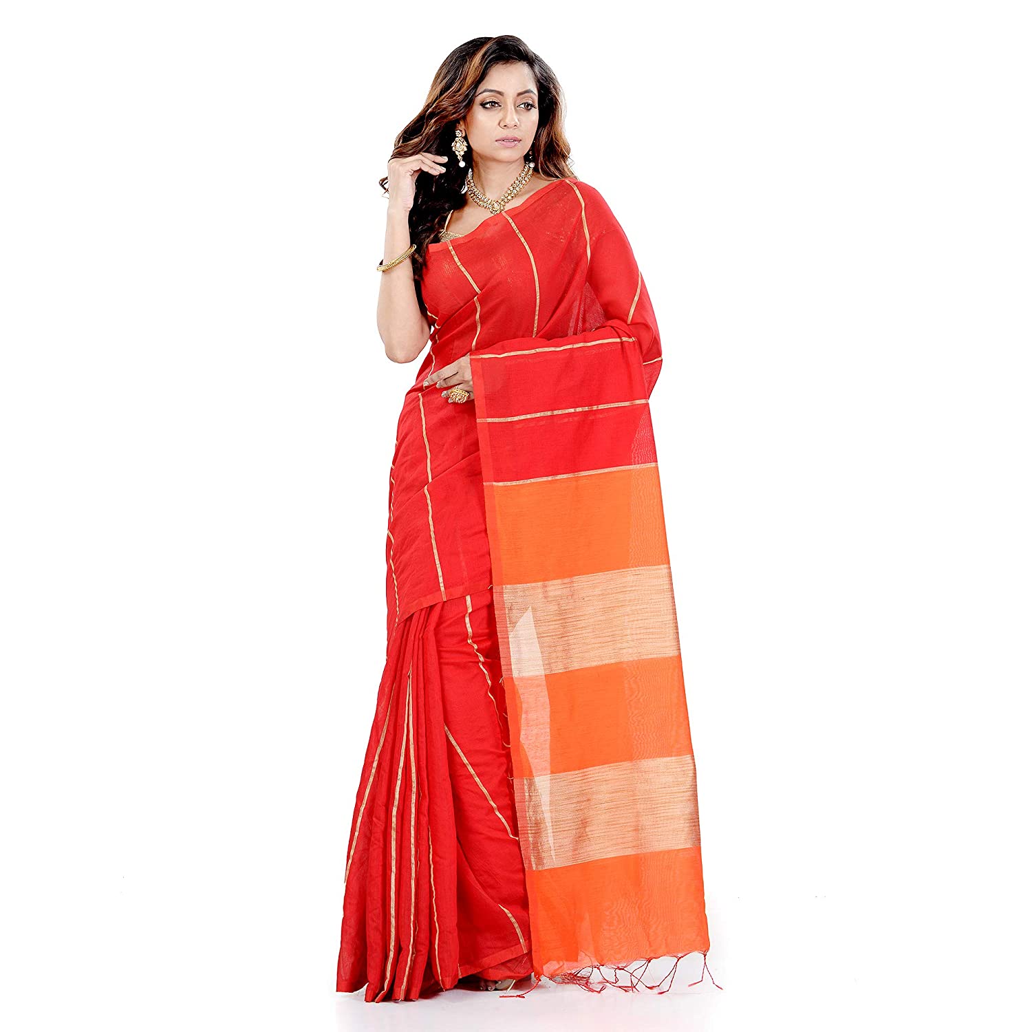 Desh Bidesh Women's Bengal Woven Handloom Cotton Silk Blend Saree With Blouse Piece (Orange Khaki) - Distacart