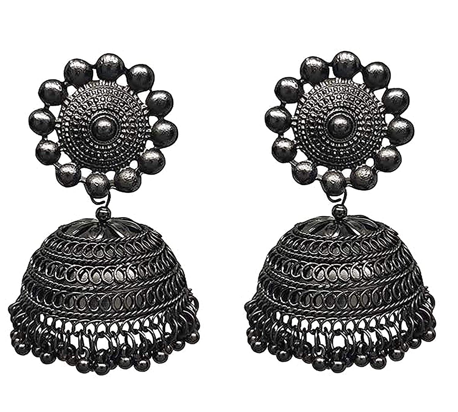 Rhodium-Plated Alloy Black Metallic Jhumki Earrings - The Pari - Distacart