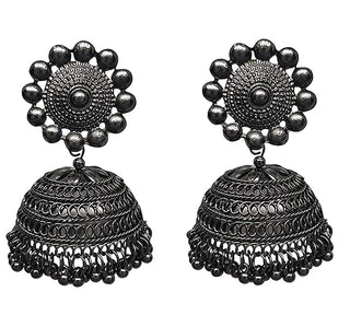 Rhodium-Plated Alloy Black Metallic Jhumki Earrings - The Pari - Distacart