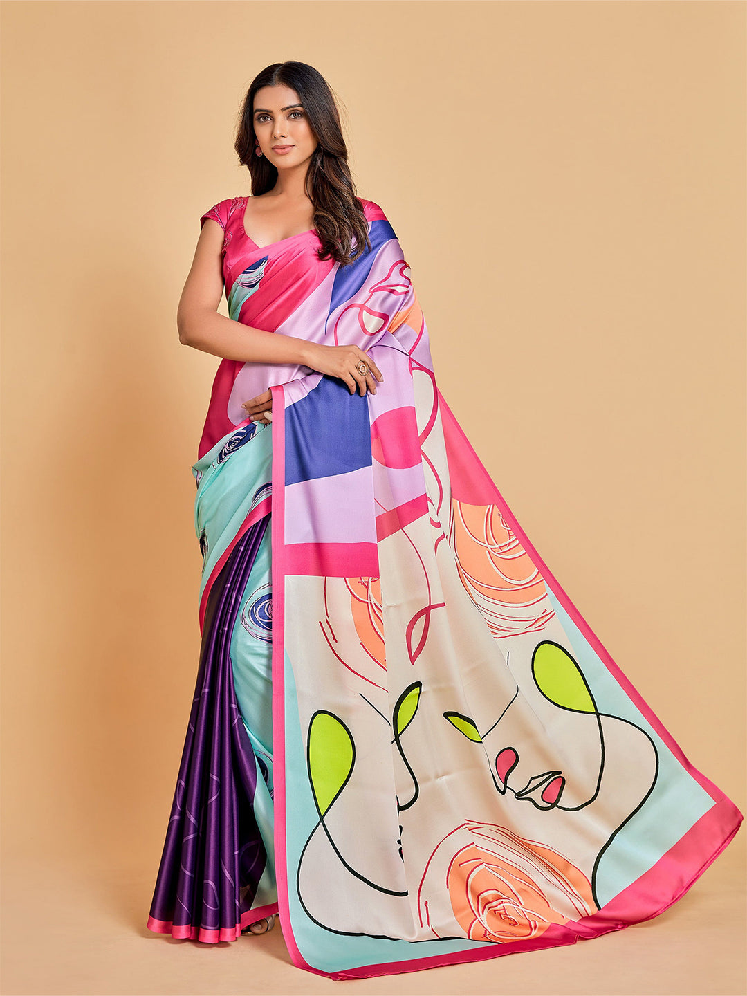 Sangria Pink & Blue Abstract Printed Satin Saree - Distacart