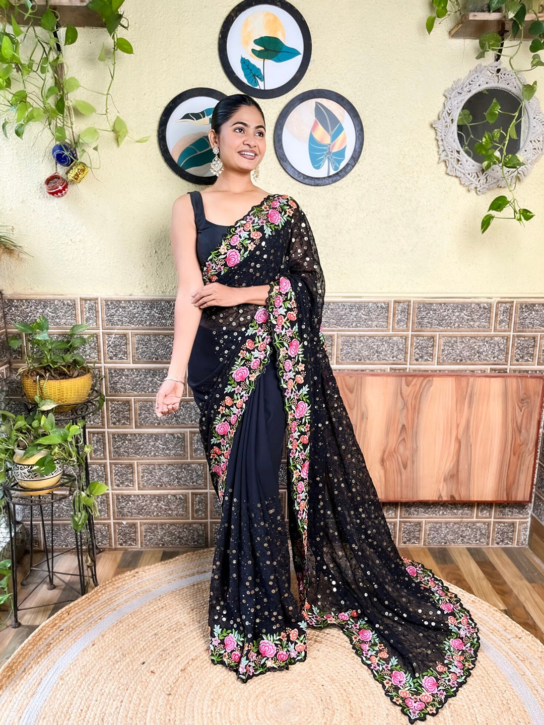 Mitera Black & Pink Floral Sequinned Saree - Distacart