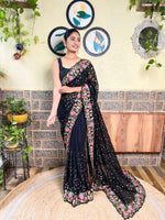 Thumbnail for Mitera Black & Pink Floral Sequinned Saree - Distacart