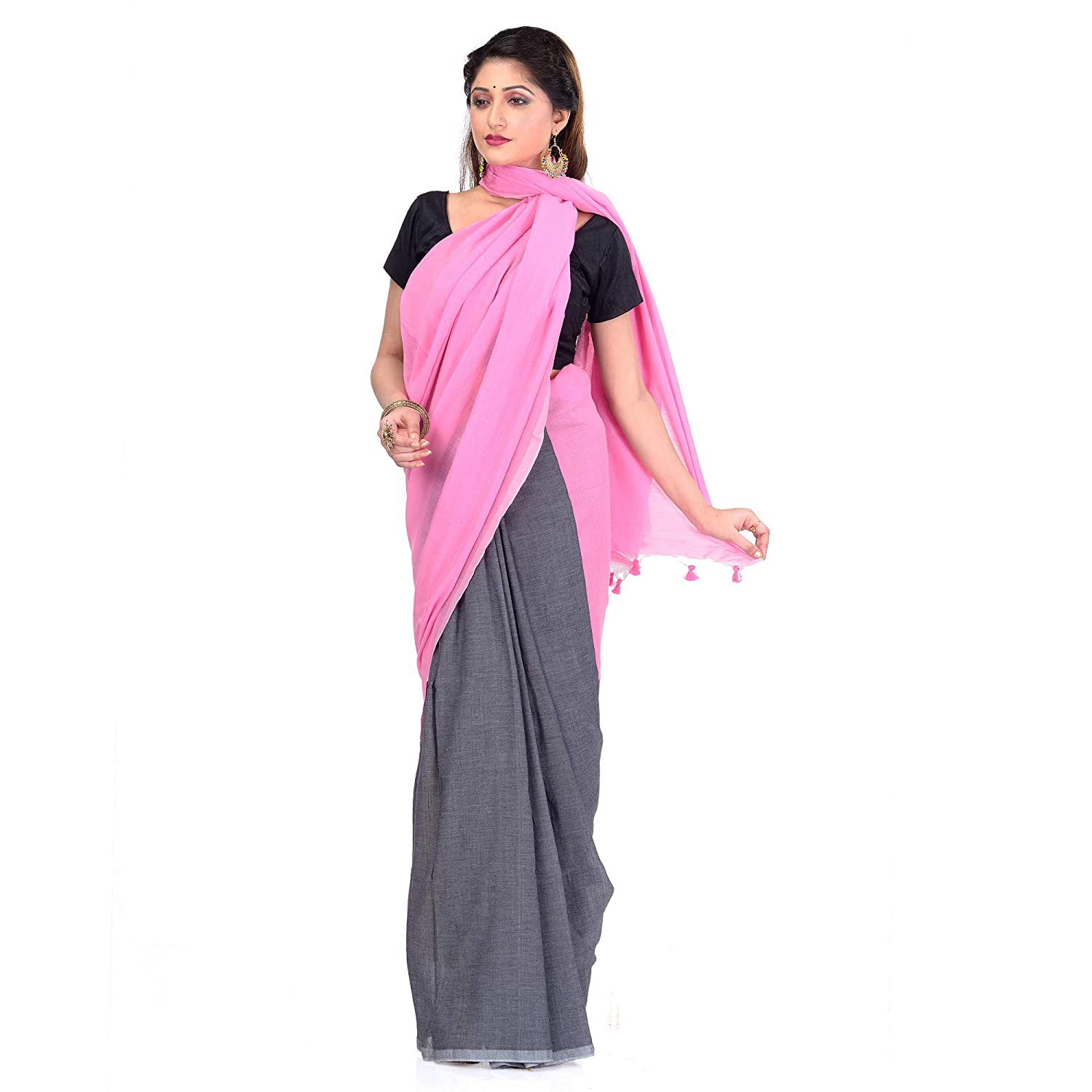 Desh Bidesh Bengal Cotton Tant Women's Bengal Half Half Ghicha Handloom Cotton Silk Saree With Blouse Piece (Pink Black ) - Distacart