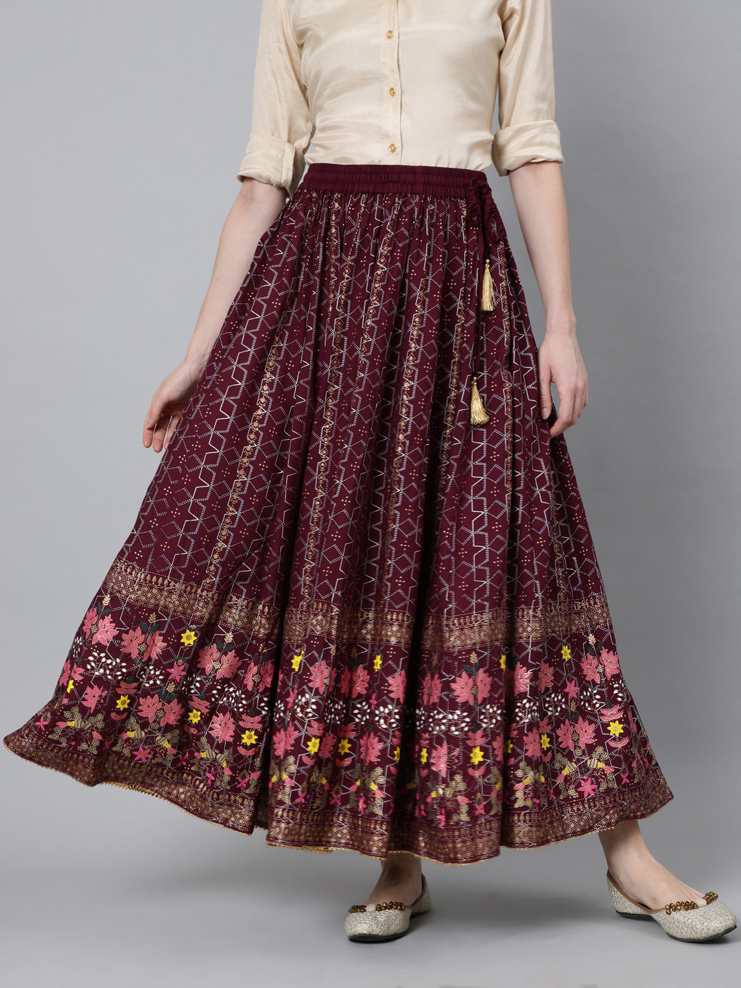 Jaipur Kurti Women Burgundy & Pink Printed Maxi Flared Maxi Skirt - Distacart