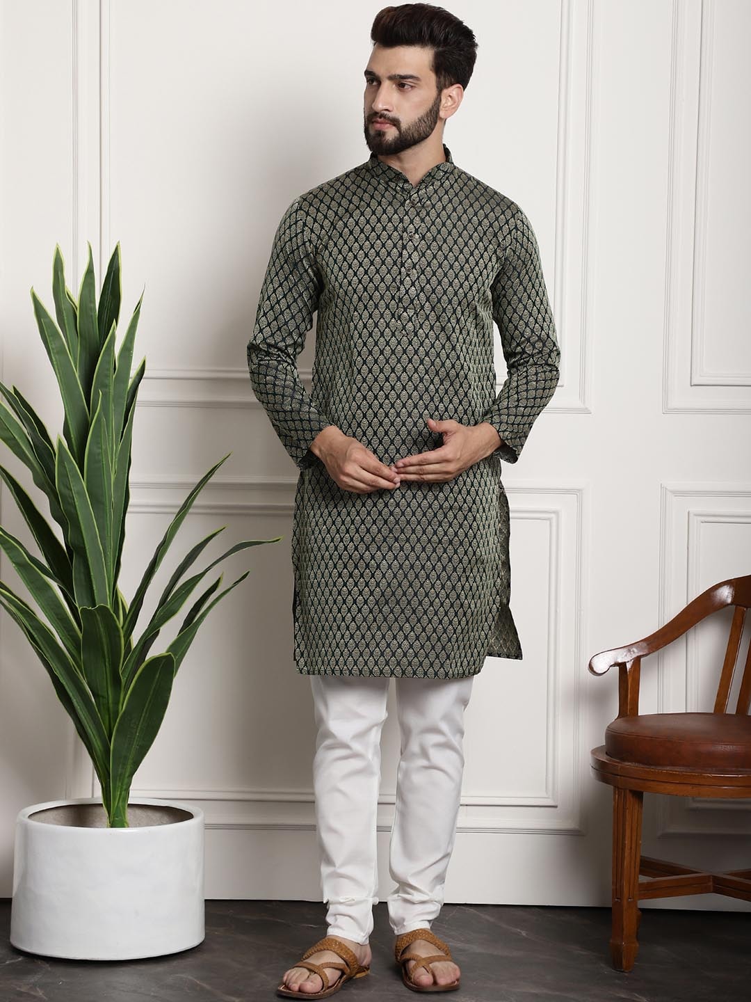 Sojanya Men Green Ethnic Motifs Kurta with Churidar with Nehru Jacket - Distacart