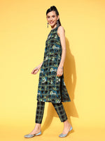 Thumbnail for Sangria Women Ink Black Printed Parade Pure Cotton Kurta with Trousers - Distacart