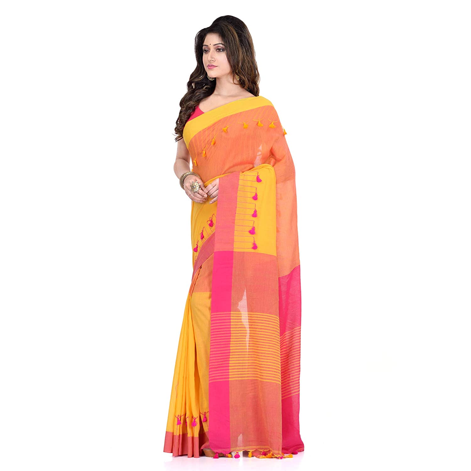 Desh Bidesh Women's Traditional Bengal Handloom Tant Pure Cotton Saree Pompom Designed With Blouse Piece - Distacart