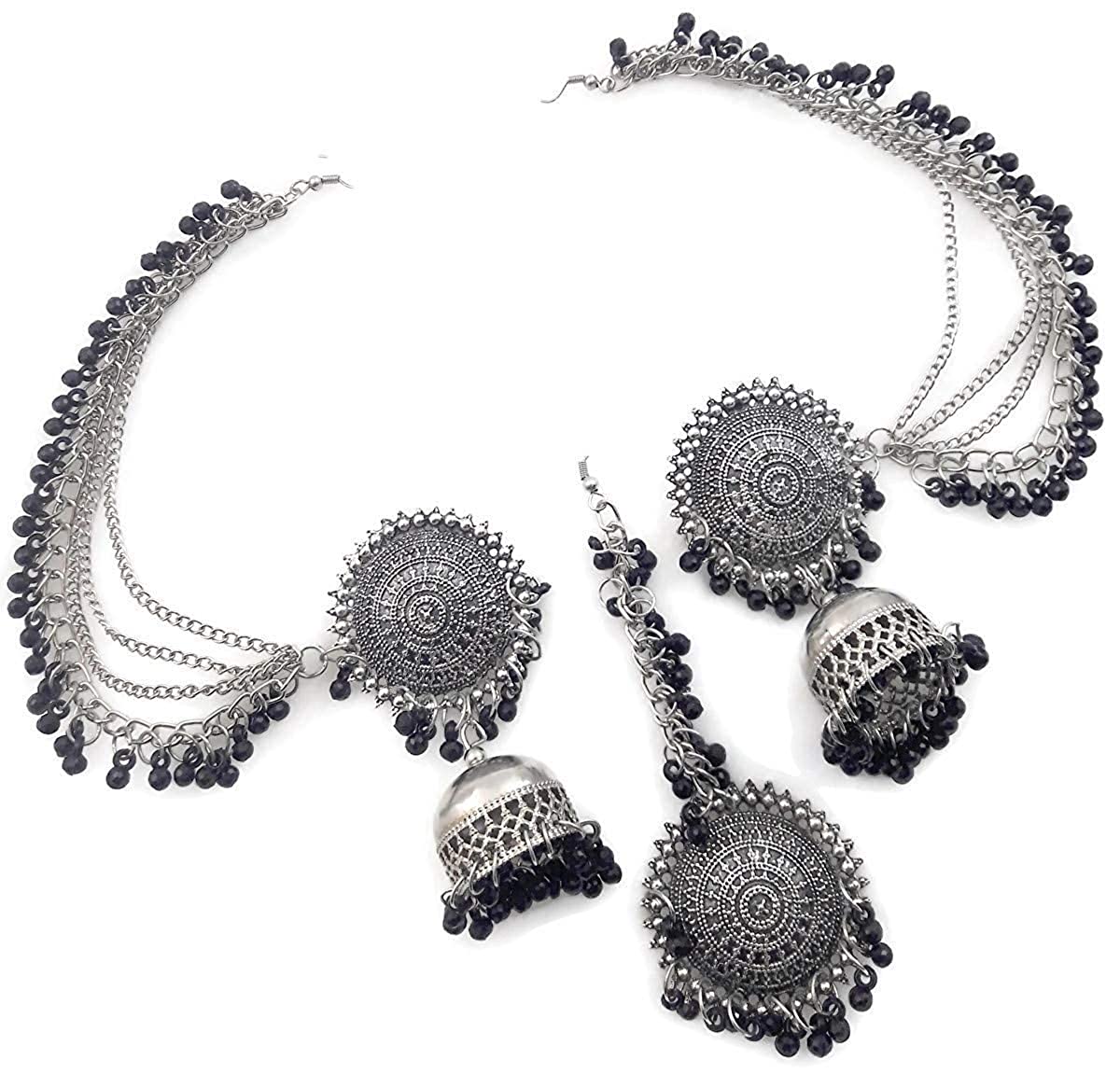 Silver-Plated Alloy Silver Black Earrings With Hair Extension - The Pari - Distacart