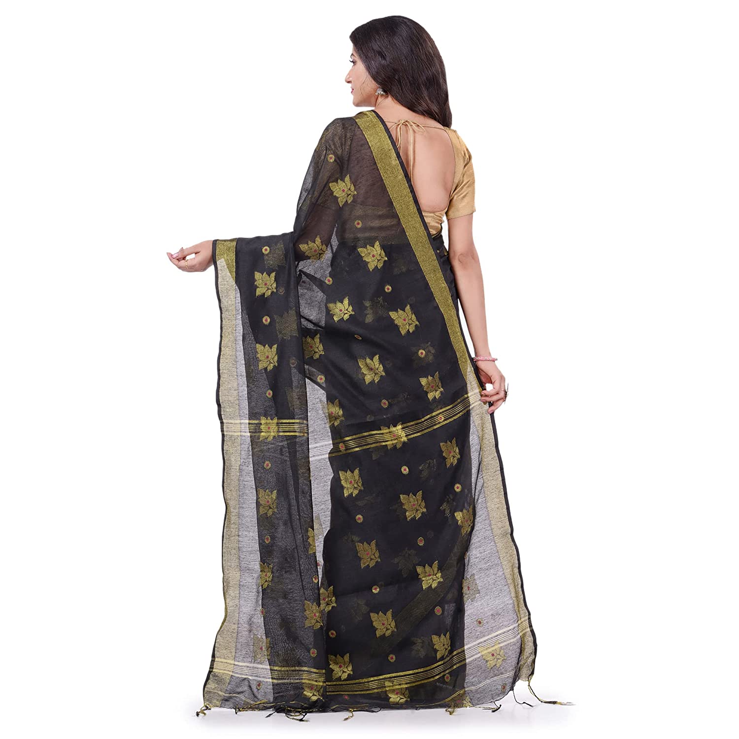 Desh Bidesh Women's Tant Silk Handloom Cotton Saree Rose Work With Blouse Piece - Distacart