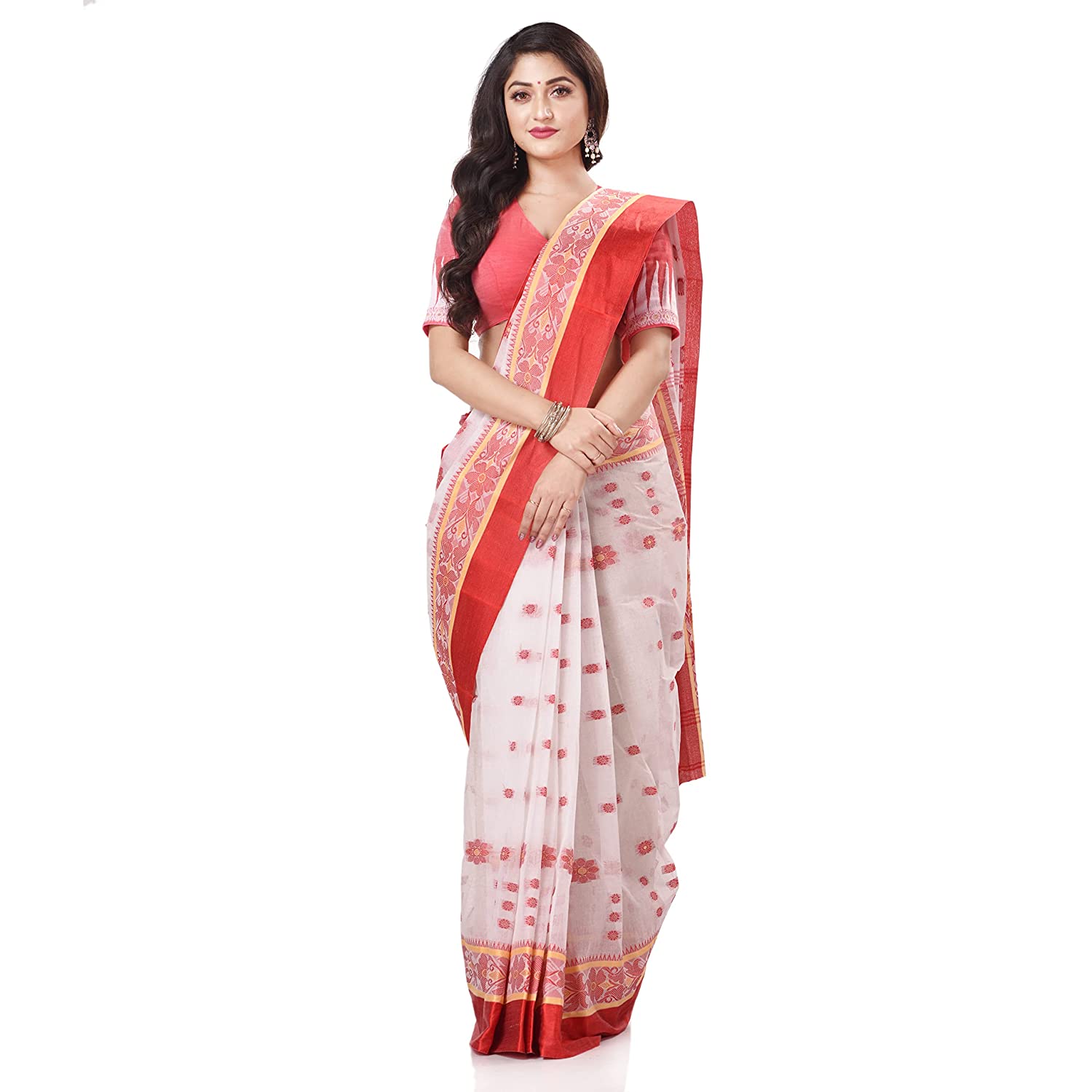 Desh Bidesh Women's Traditional Bengal Phulkoli Woven Design Pure Handloom Cotton Saree Without Blouse Piece - Distacart