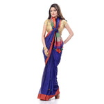 Thumbnail for Desh Bidesh Women's Traditional Bengali Tant Handloom Cotton Saree With Blouse Piece (Blue Orange) - Distacart