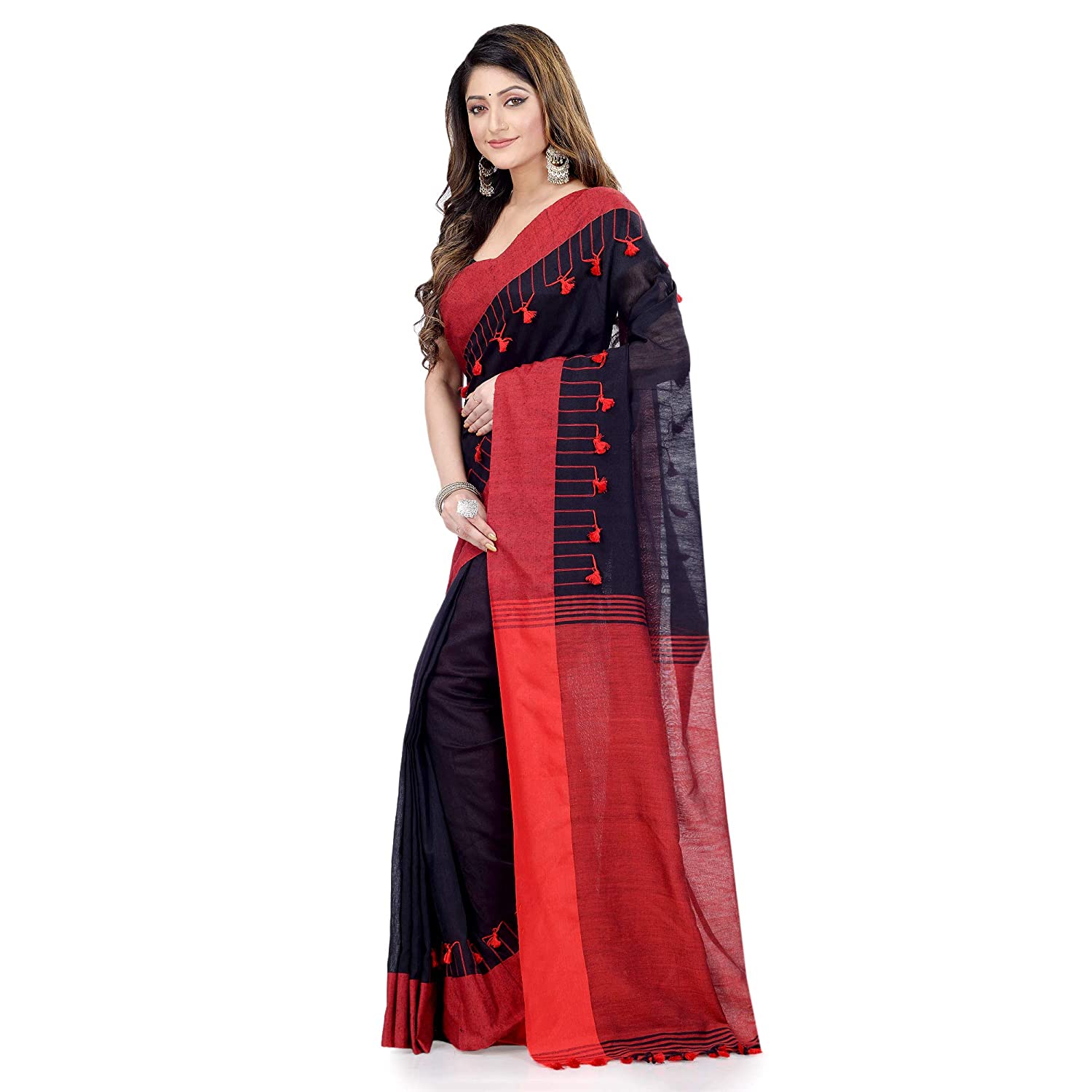 Desh Bidesh Women's Traditional Bengal Handloom Tant Pure Cotton Saree Pompom Designed With Blouse Piece (White Pink Orange) - Distacart