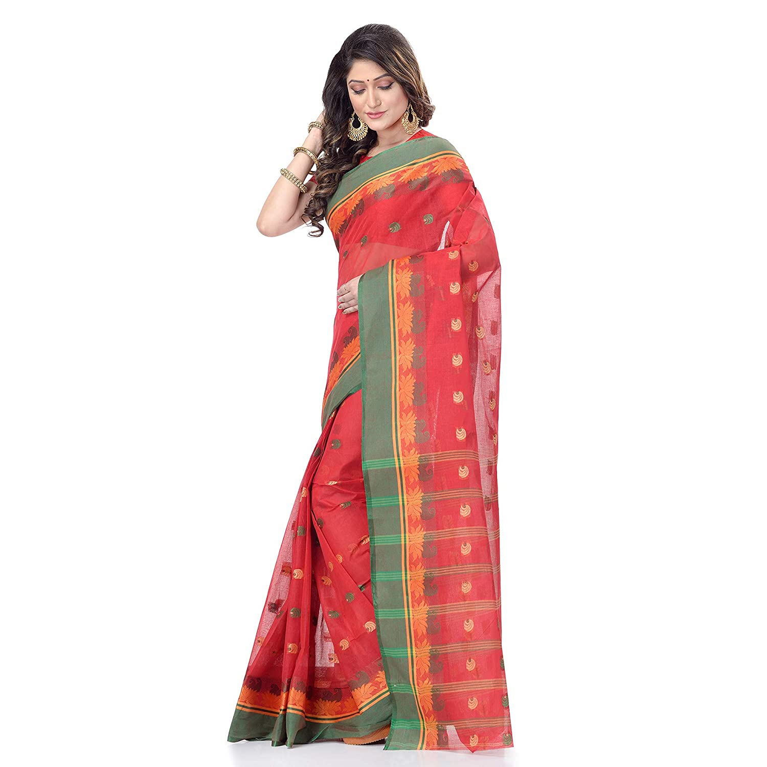 Desh Bidesh Women's Traditional Bengal Tant Woven Lotus Kolka Design Pure Cotton Handloom Saree Without Blouse Piece - Distacart