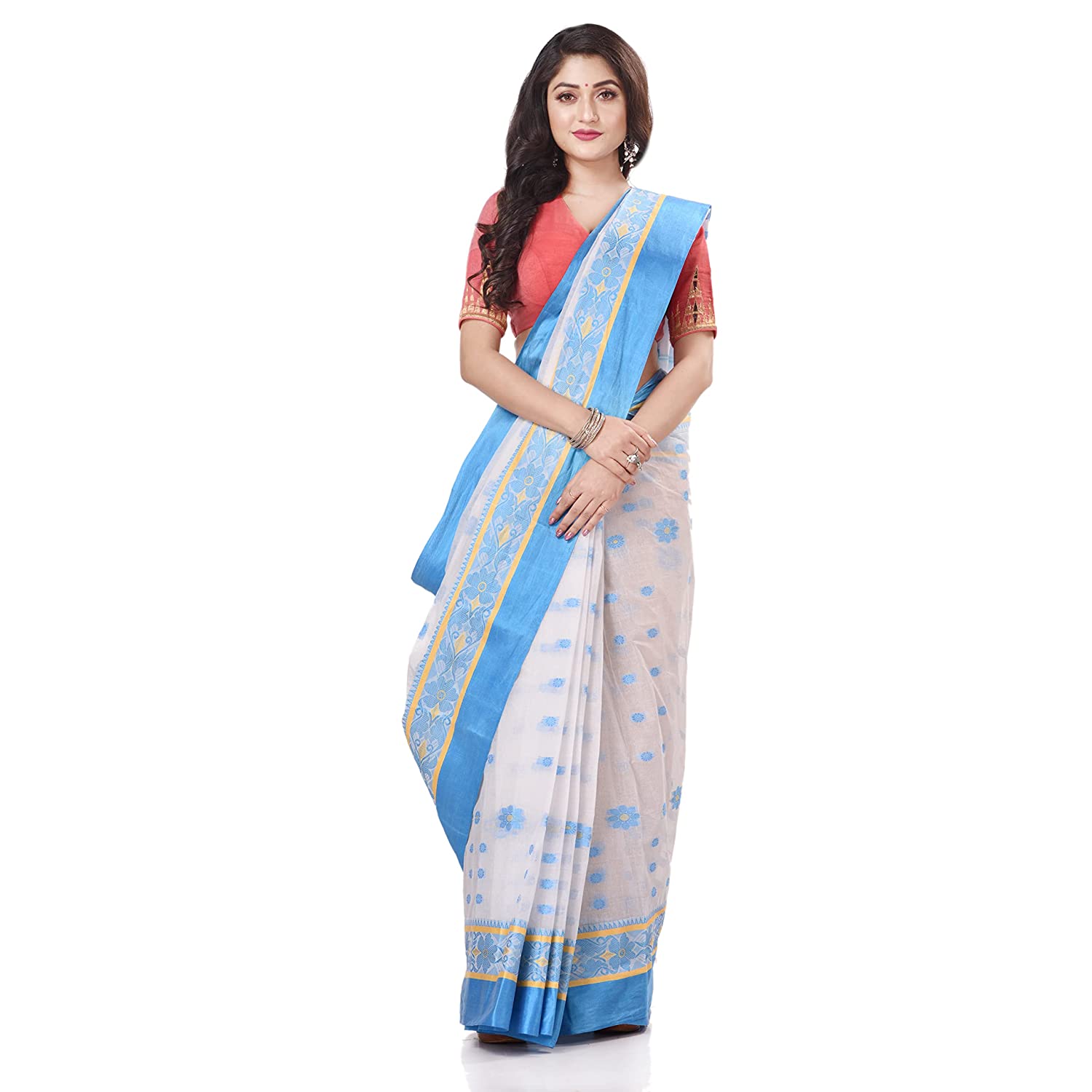 Desh Bidesh Women's Traditional Bengal Phulkoli Woven Design Pure Handloom Cotton Saree Without Blouse Piece - Distacart