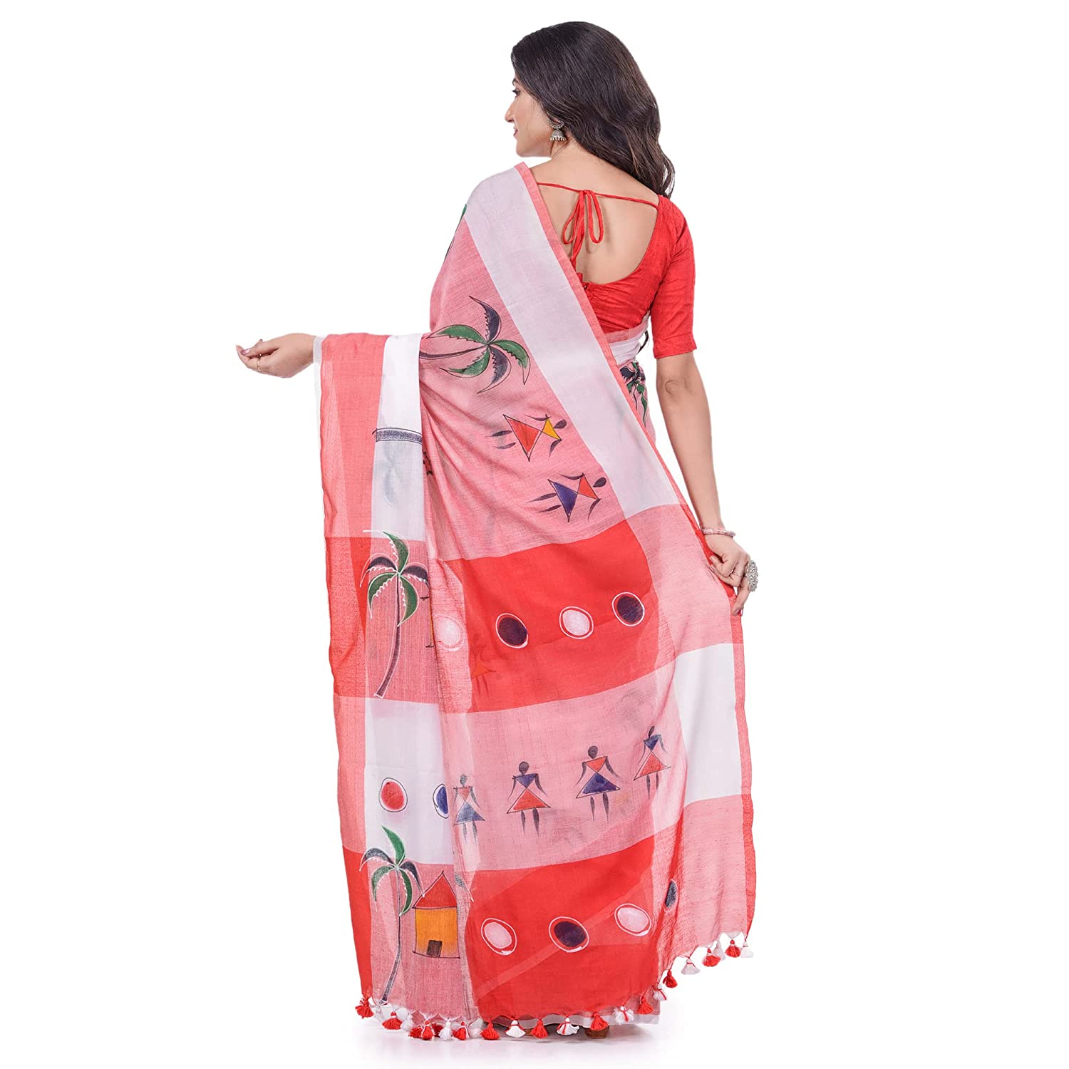 Desh Bidesh Women's Bengal Handloom Pure Cotton Saree Tribal Hand Made Art Design With Blouse Piece - Distacart