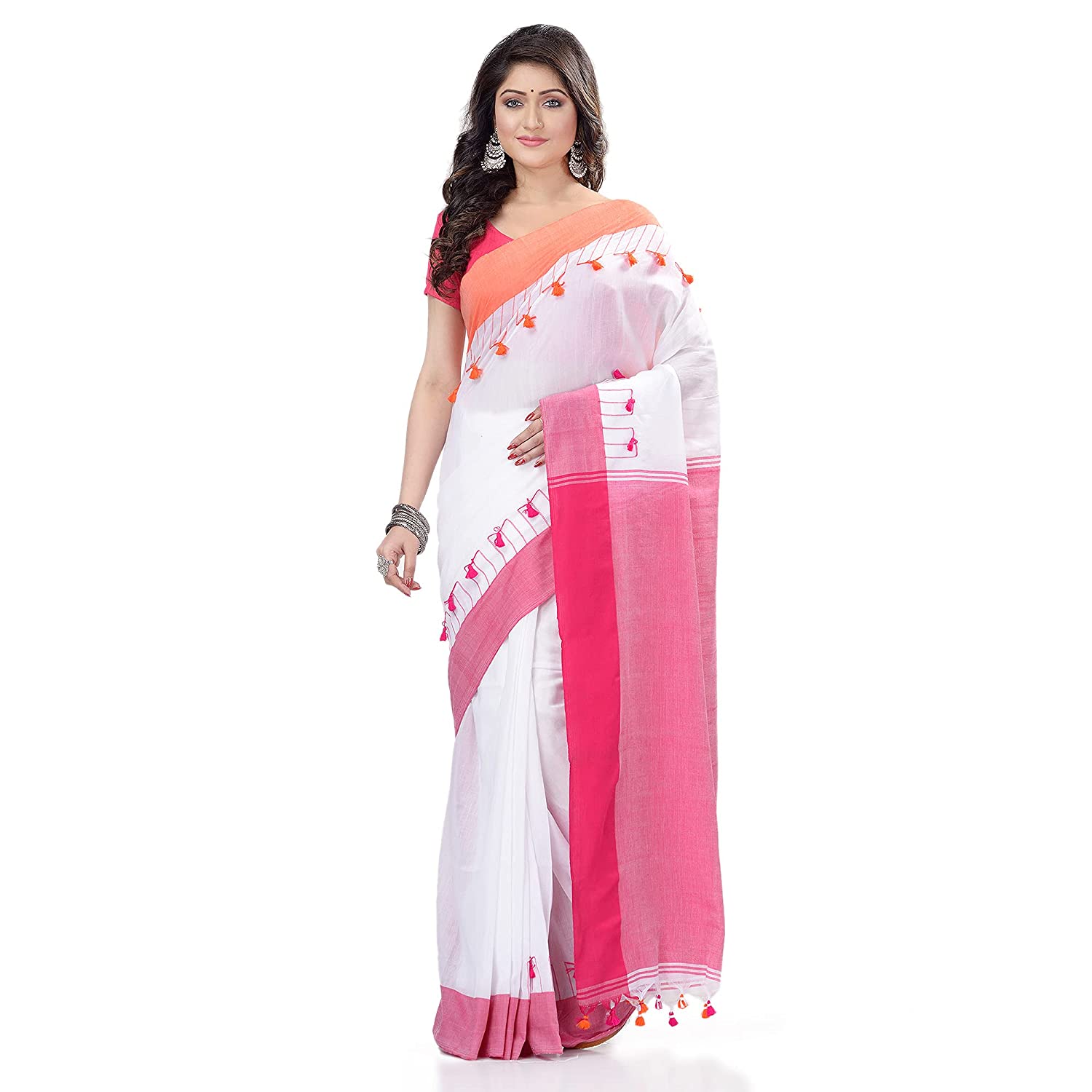 Desh Bidesh Women's Traditional Bengal Handloom Tant Pure Cotton Saree Pompom Desigined With Blouse Piece (White Pink Orange) - Distacart