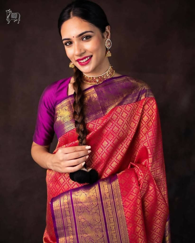 DEIANA'S Beautiful Golden Jari with New Design Soft Lichi Silk Saree - Red - Distacart