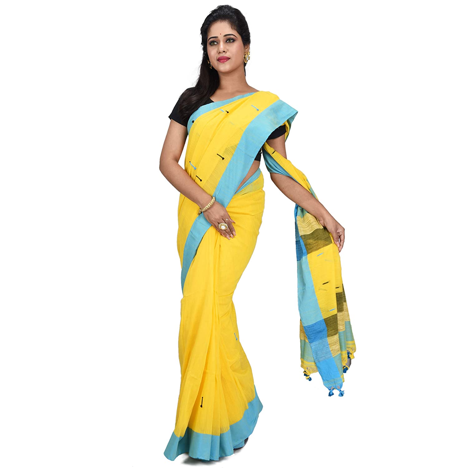 Desh Bidesh Pure Cotton Traditional Bengali Handloom Tant Saree Soft Cotton Materials Clical Designed With Blouse Piece (Yellow Blue Black) - Distacart