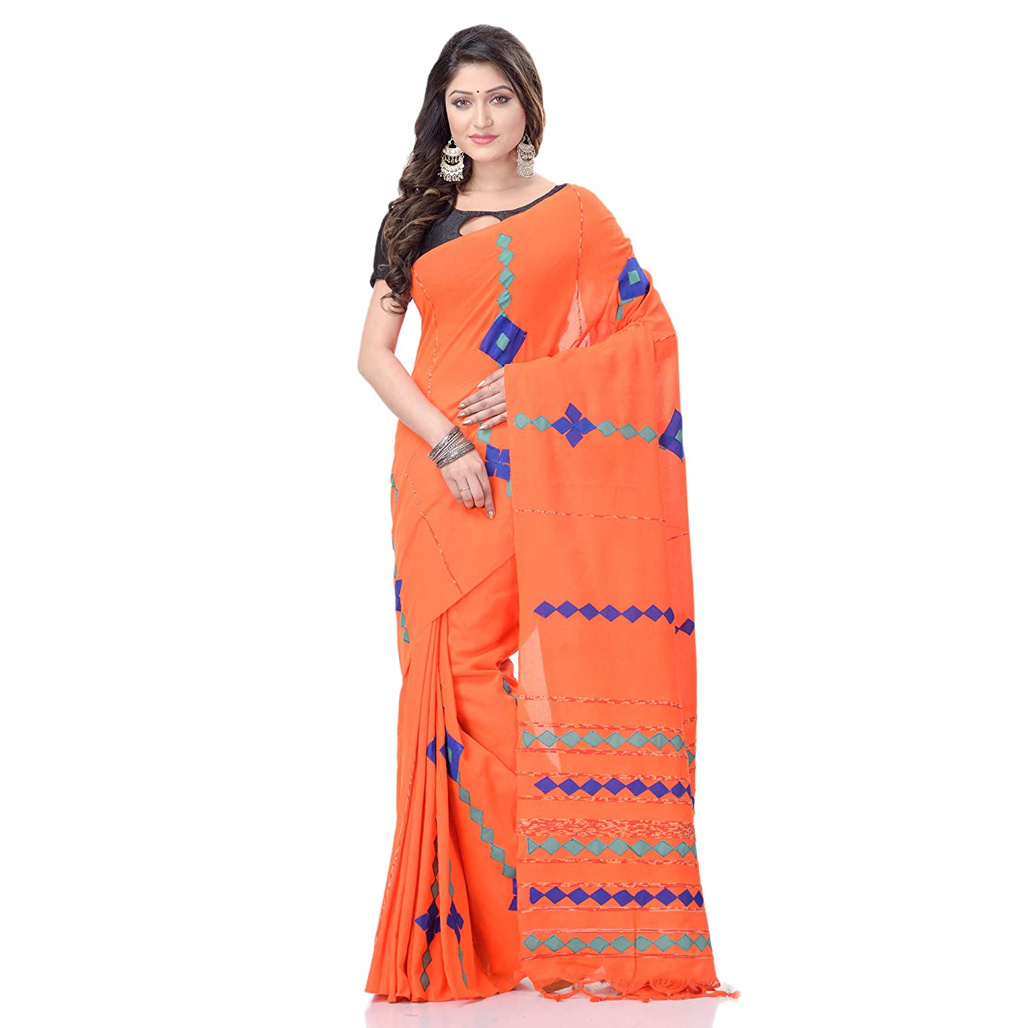 Desh Bidesh Women's Bengali Khesh Pure Cotton Handloom Saree Diamond Designed With Blouse Piece - Distacart
