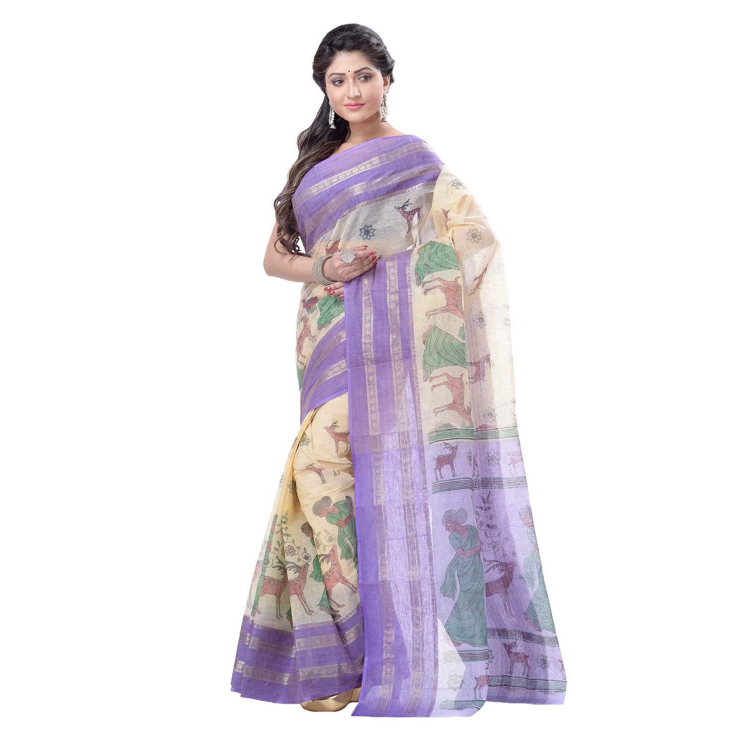 Desh Bidesh Women's Shakuntala Design Printed Tant Handloom Pure Cotton Saree Without Blouse Piece - Distacart
