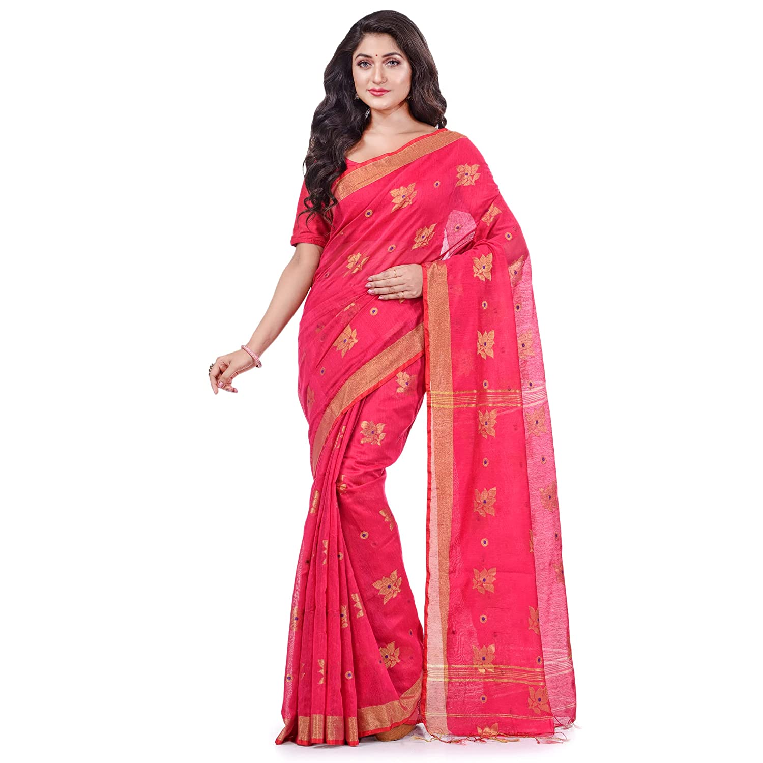Desh Bidesh Women's Tant Silk Handloom Cotton Saree Rose Work With Blouse Piece - Distacart