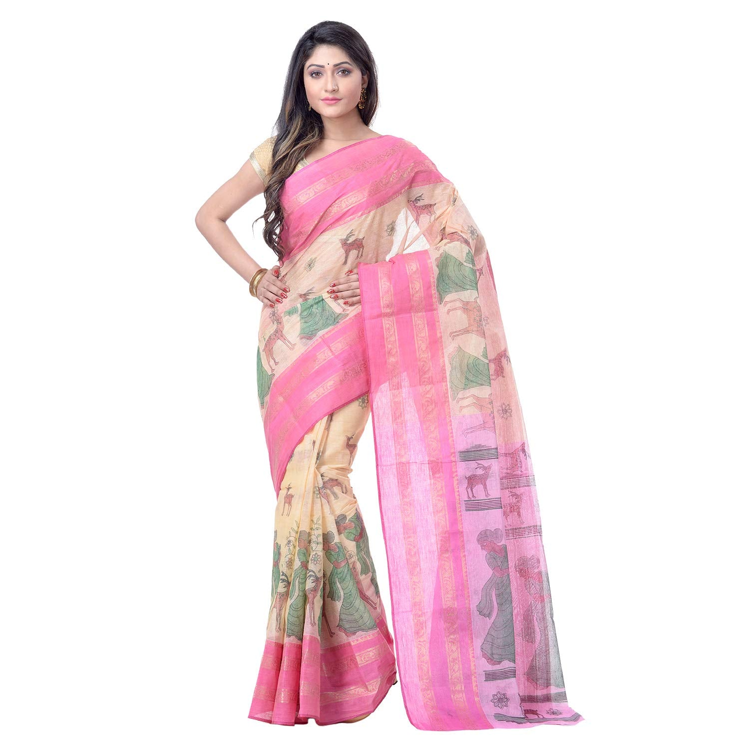 Desh Bidesh Women's Pure Cotton Handloom Bengal Tant Saree With Sakuntala Printed Zori Design Without Blouse Pcs - Distacart