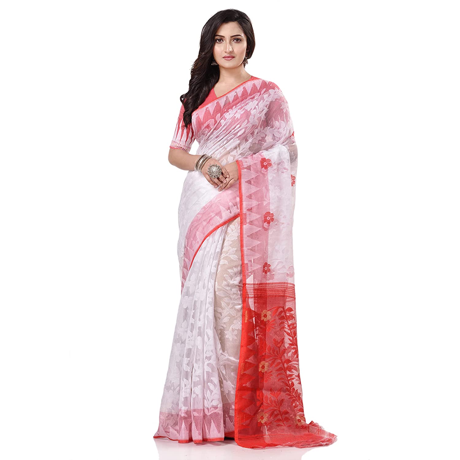 Desh Bidesh Women's Bengal Handloom Soft Dhakai Jamdani Cotton Saree Whole Body Design Without Blouse Piece (White Red) - Distacart