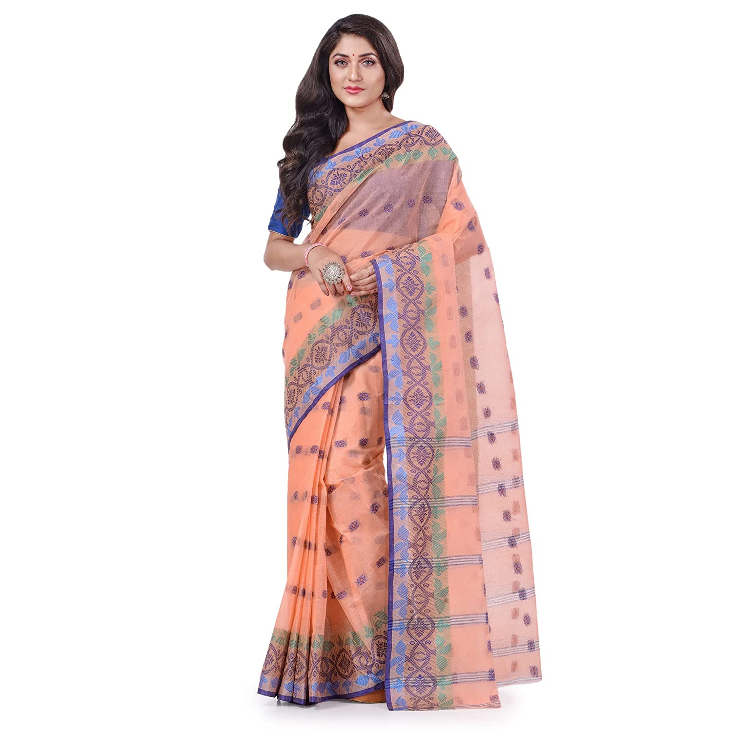 Desh Bidesh Esh Bidesh Women's Traditional Bengal Tant Tri Leaf Woven Design Pure Handloom Cotton Saree Without Blouse Piece - Distacart